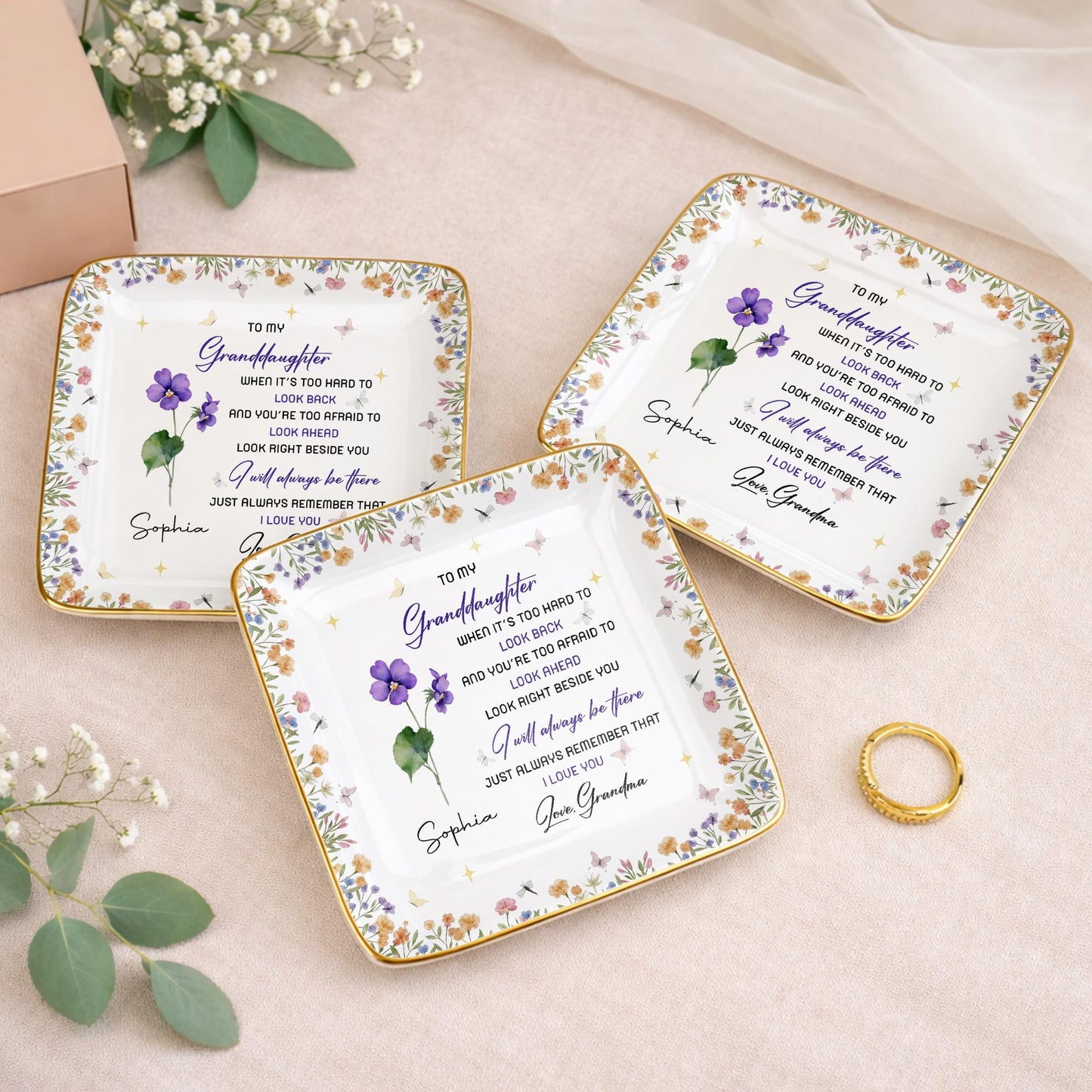 To My Granddaughter I Will Always Be There Floral Flowers - Personalized Custom Jewelry Dish, Ceramic Dish, Square Shape - GDT616_SCRF