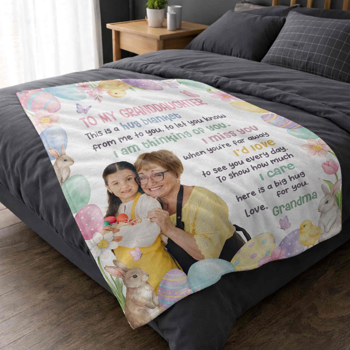 To My Granddaughter Hug Blanket With Easter Eggs And Bunnies