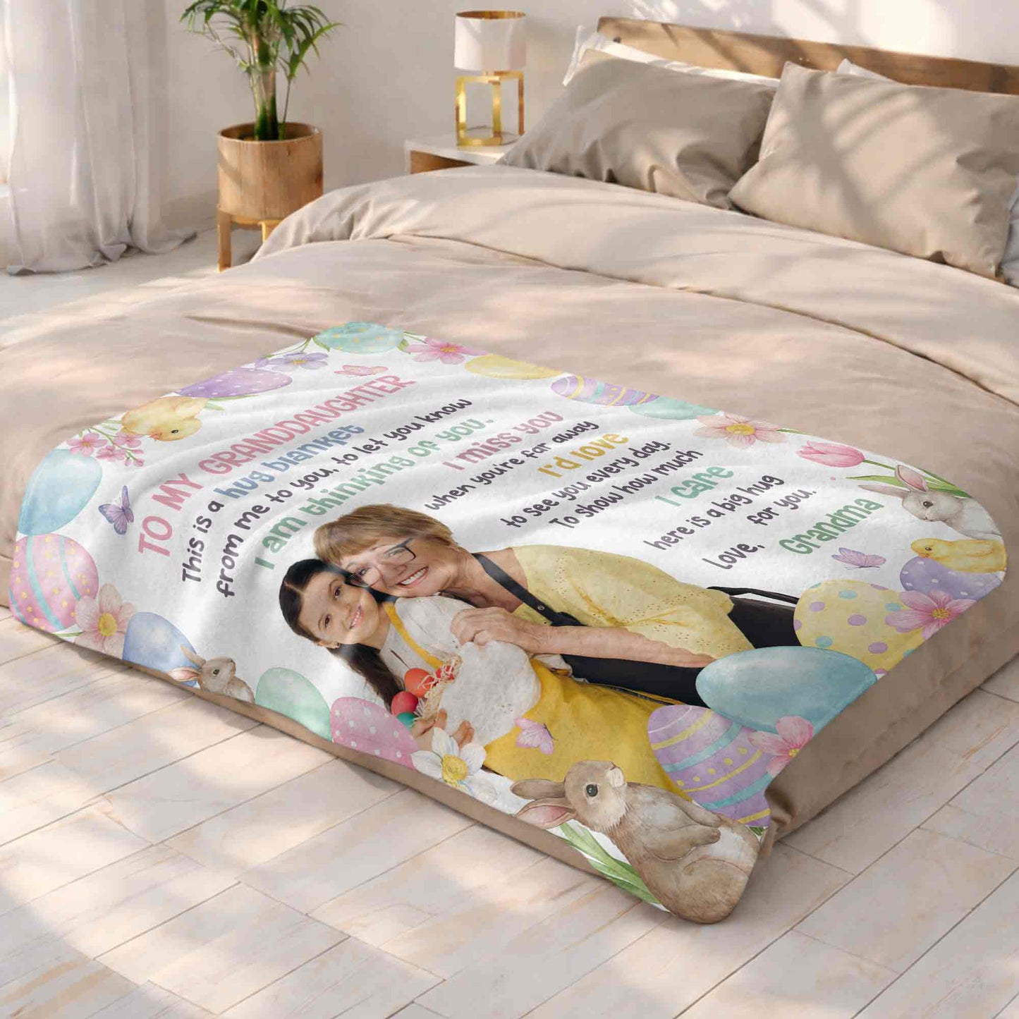 To My Granddaughter Hug Blanket With Easter Eggs And Bunnies