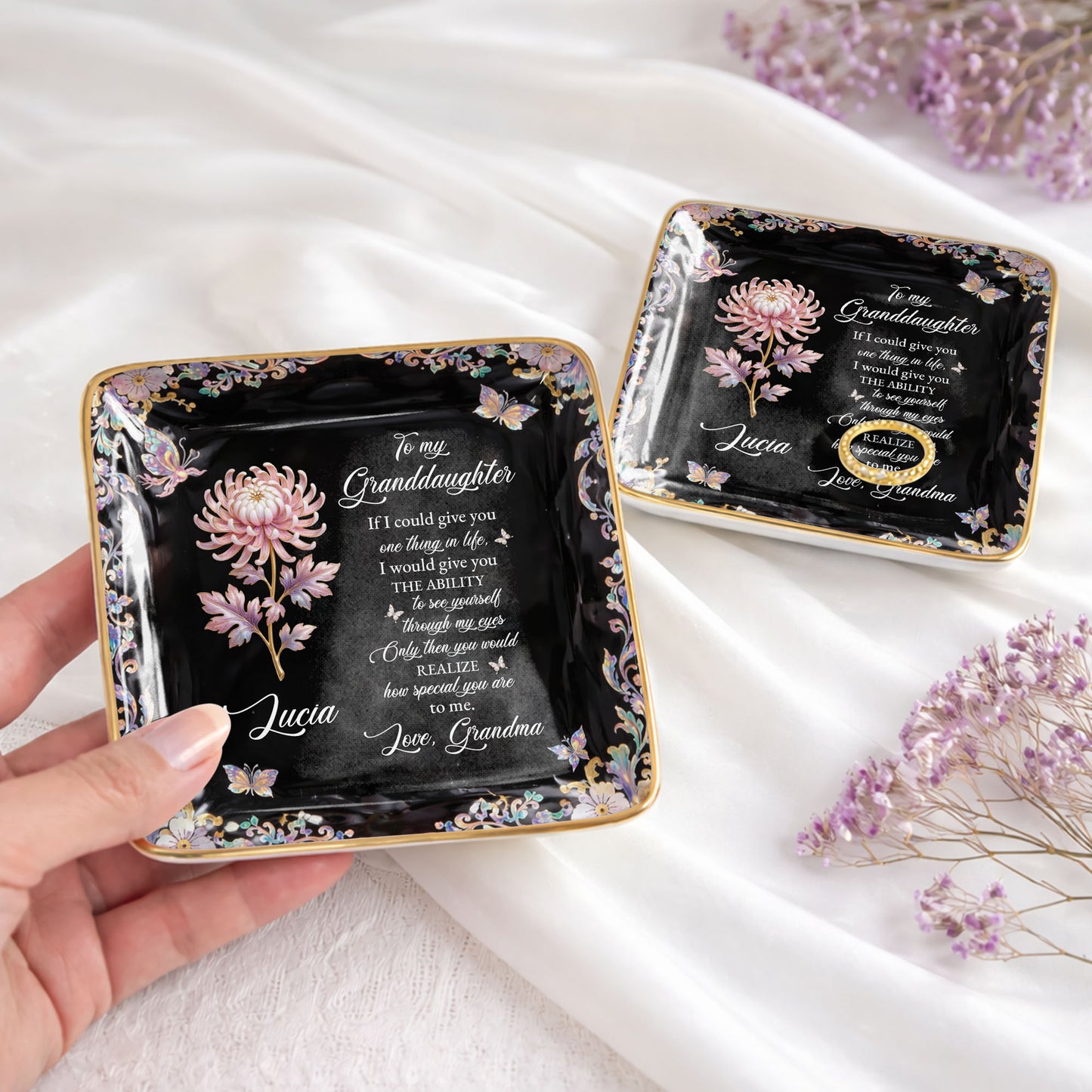 To My Granddaughter If I Could Give You Flower And Butterfly Jewelry Dish - Personalized Custom Jewelry Dish, Ceramic Dish, Square Shape - GDT660_SCRF