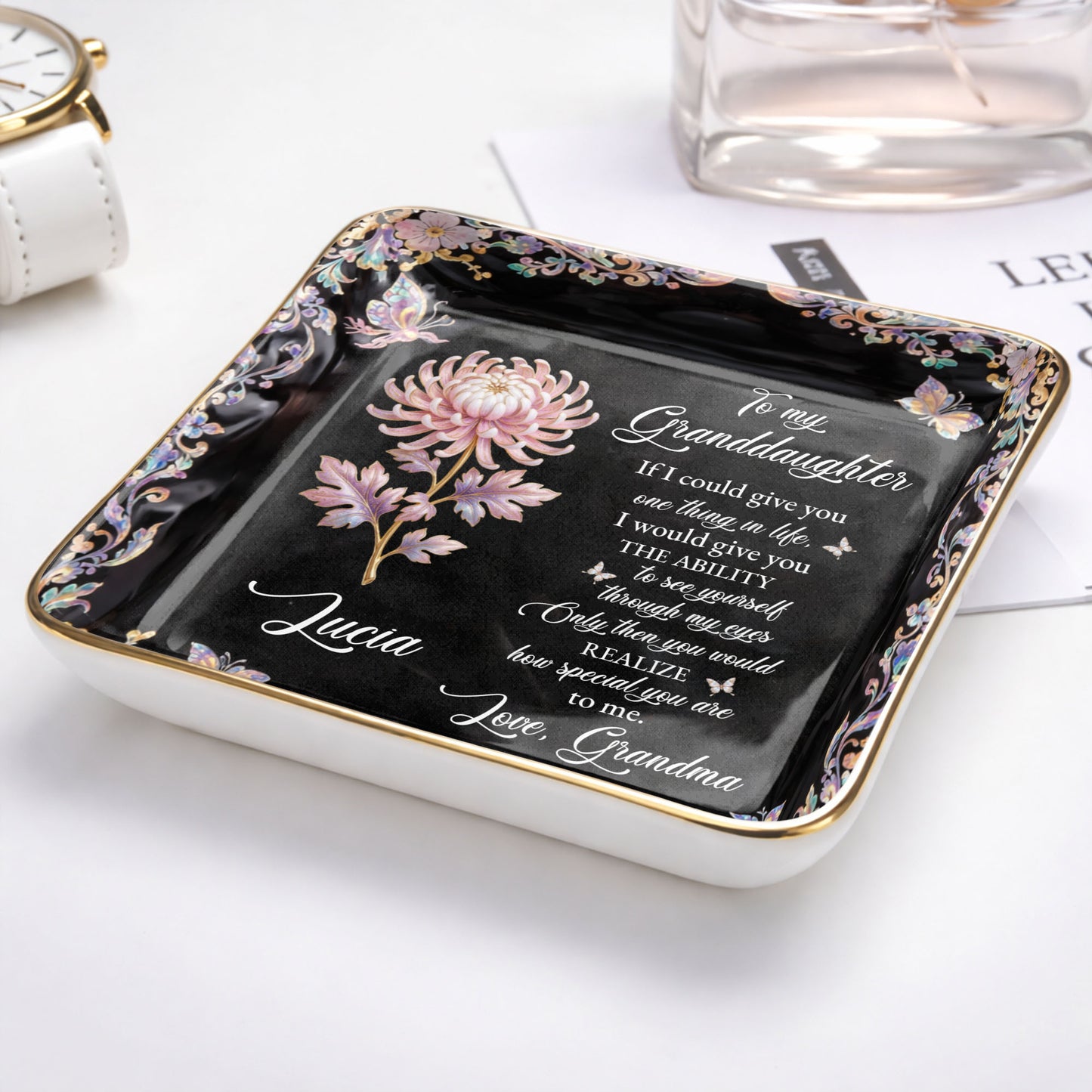 To My Granddaughter If I Could Give You Flower And Butterfly Jewelry Dish - Personalized Custom Jewelry Dish, Ceramic Dish, Square Shape - GDT660_SCRF