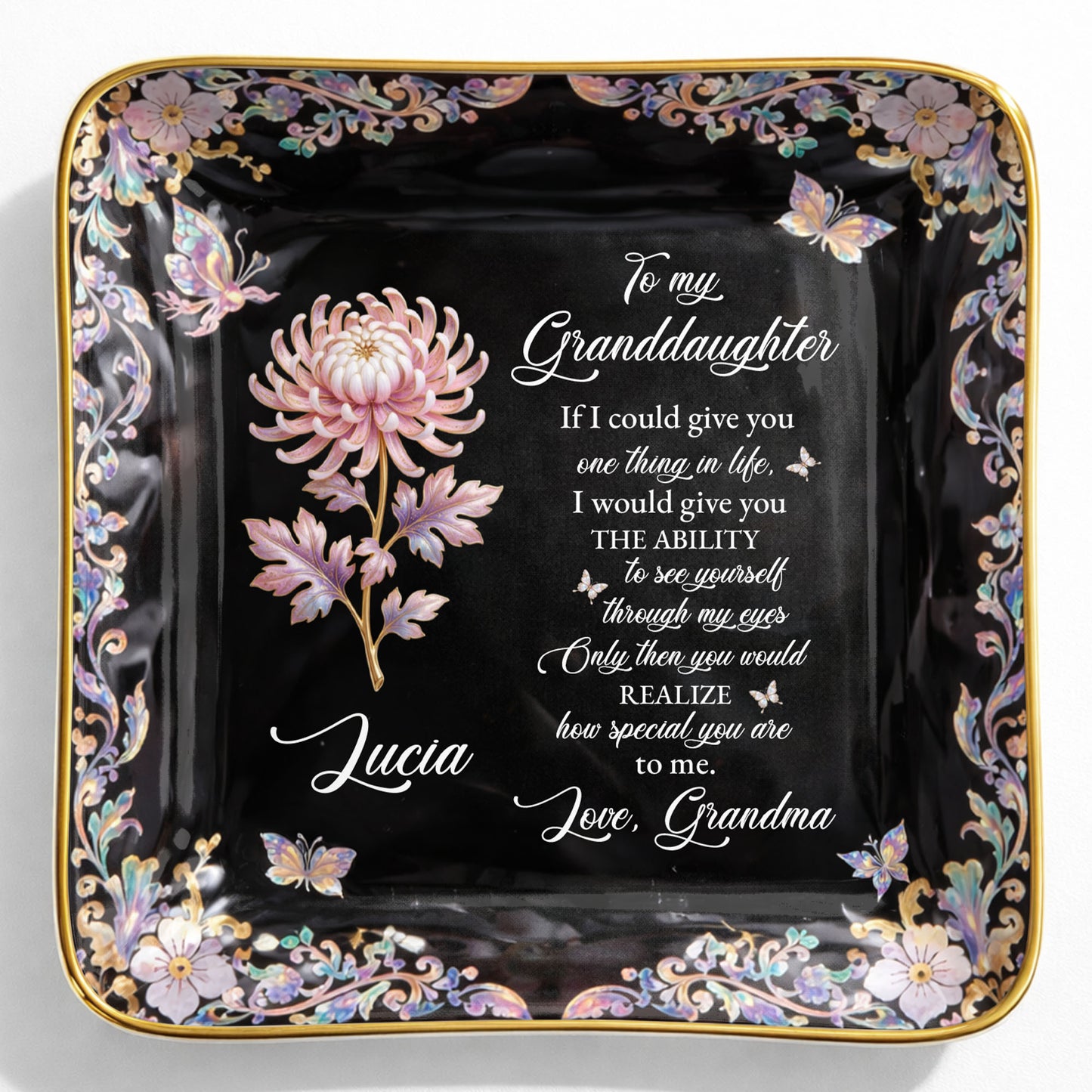 To My Granddaughter If I Could Give You Flower And Butterfly Jewelry Dish - Personalized Custom Jewelry Dish, Ceramic Dish, Square Shape - GDT660_SCRF