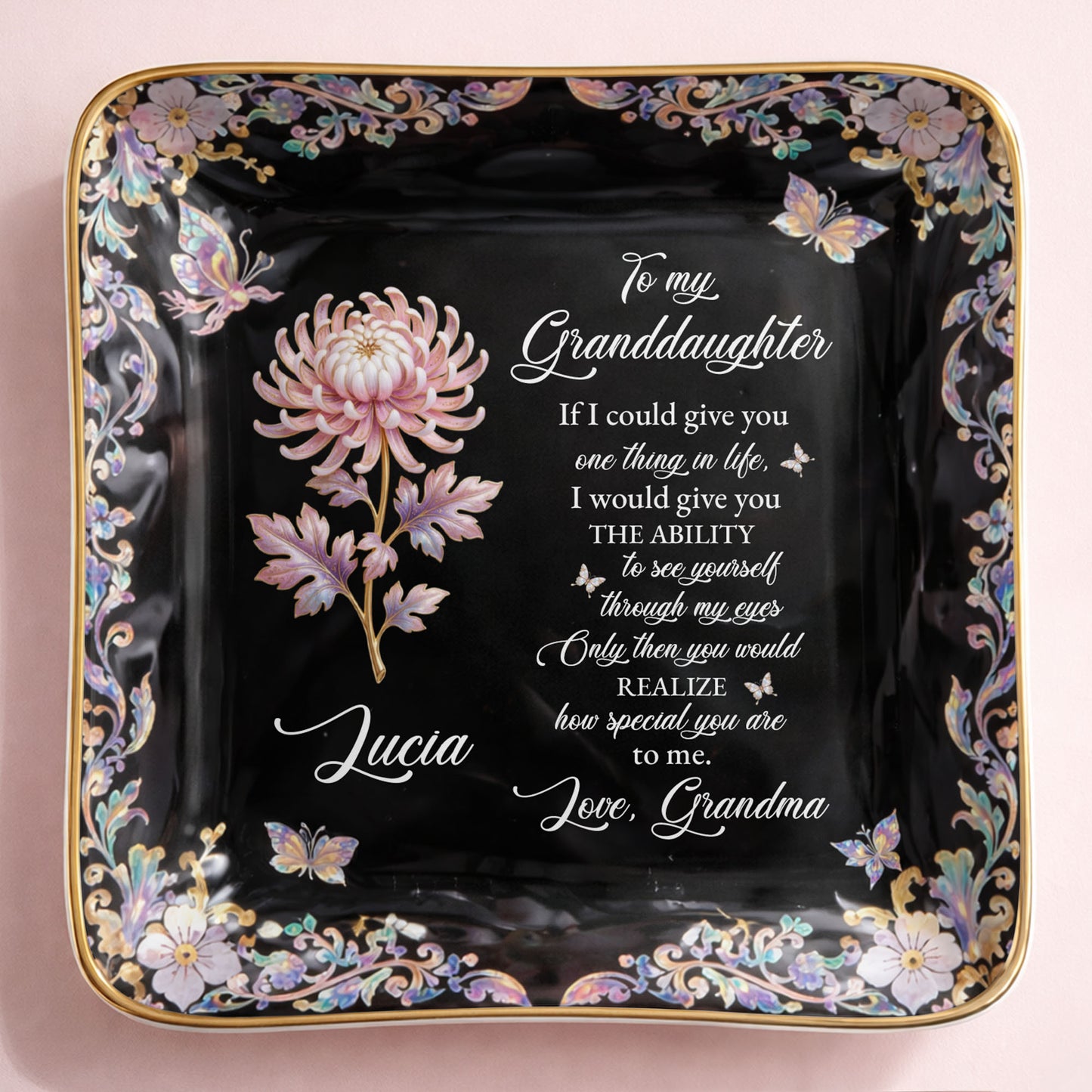 To My Granddaughter If I Could Give You Flower And Butterfly Jewelry Dish - Personalized Custom Jewelry Dish, Ceramic Dish, Square Shape - GDT660_SCRF