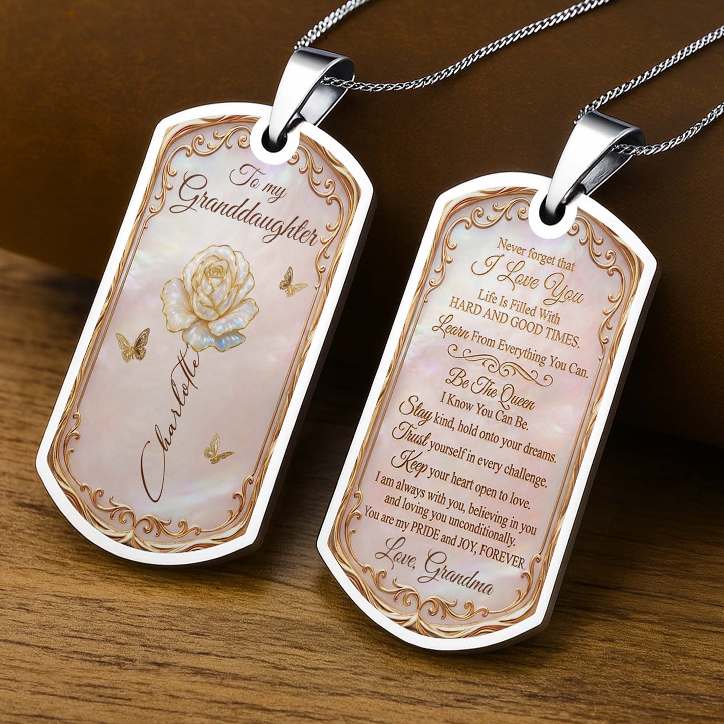 Beautiful Bloom Birth Month Flower Rose And Butterflies - Personalized Custom Dog Tag Necklace - GDT745_DTNECK