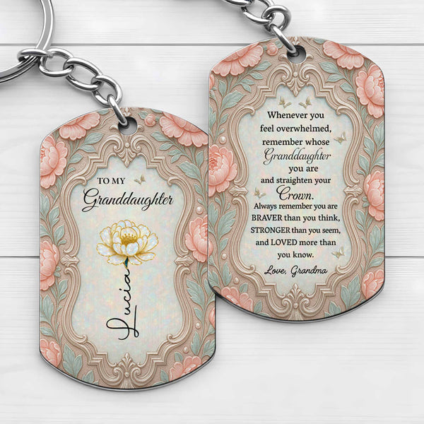 To My Granddaughter Straighten Your Crown Birth Month Flower Vintage Design - Personalized Stainless Steel Keychain - GDT769_KCX