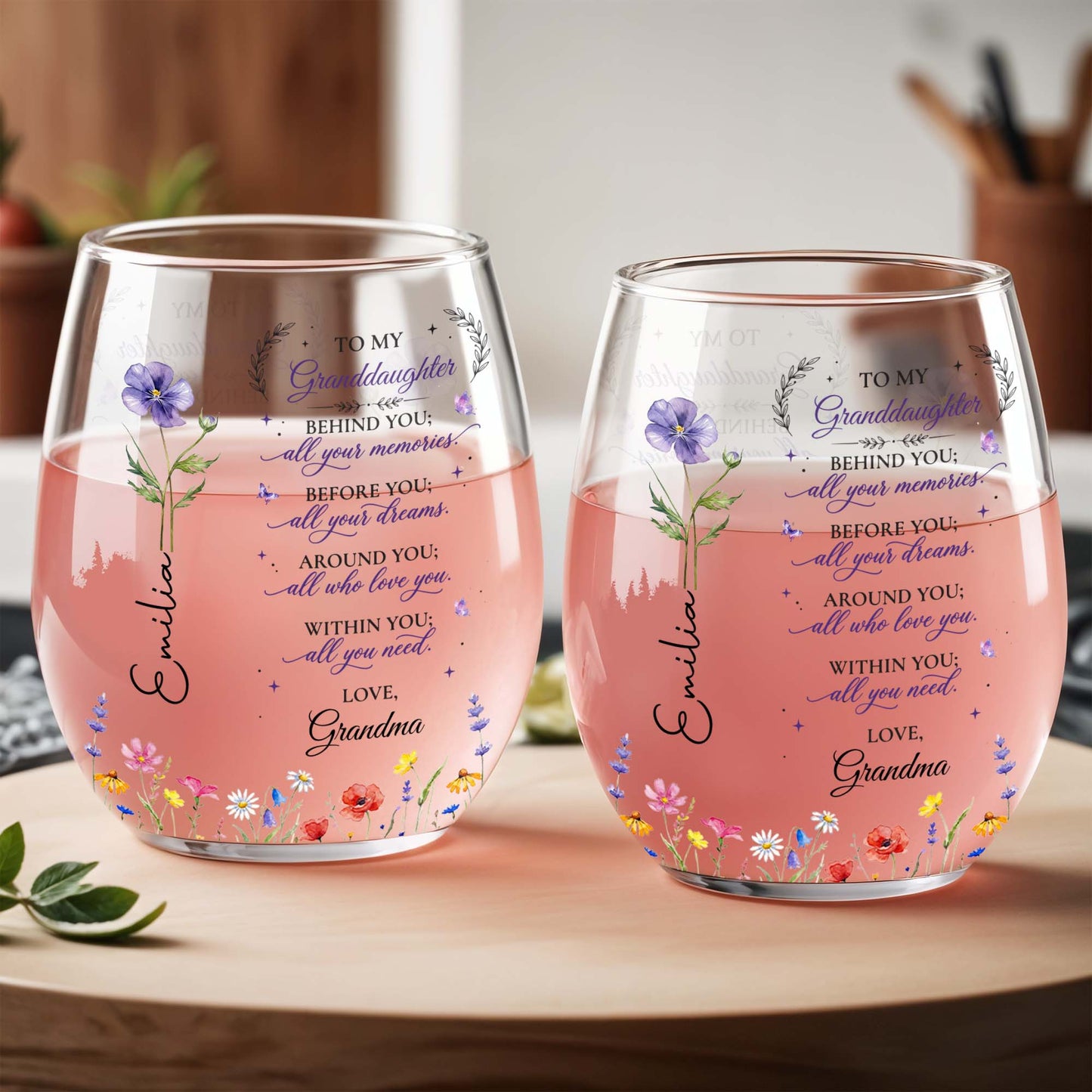 Behind You All Your Memories, Custom Name Gift from Grandma - Personalized Stemless Wine Glass - GDT806_WIGL