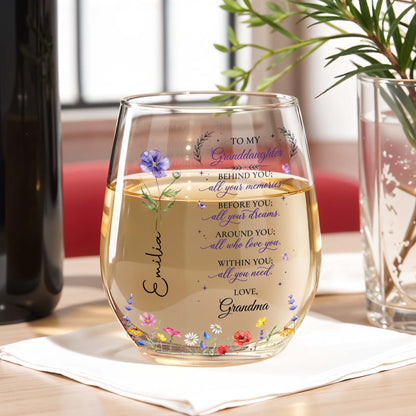 Behind You All Your Memories, Custom Name Gift from Grandma - Personalized Stemless Wine Glass - GDT806_WIGL
