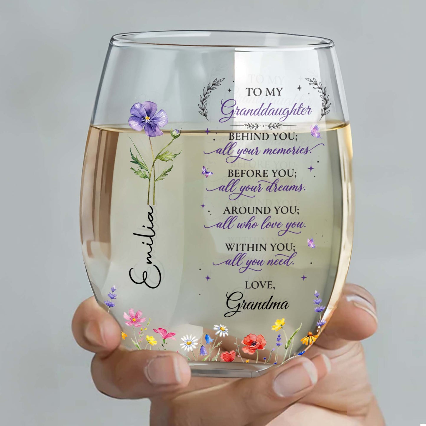 Behind You All Your Memories, Custom Name Gift from Grandma - Personalized Stemless Wine Glass - GDT806_WIGL