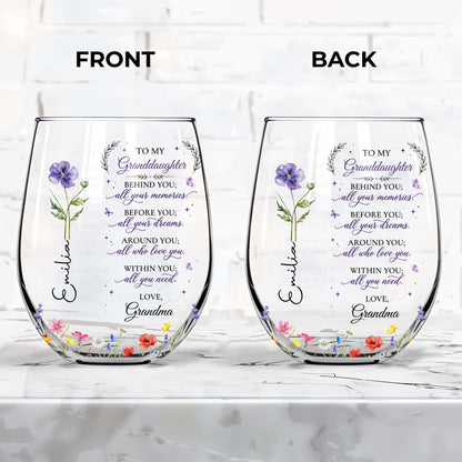 Behind You All Your Memories, Custom Name Gift from Grandma - Personalized Stemless Wine Glass - GDT806_WIGL