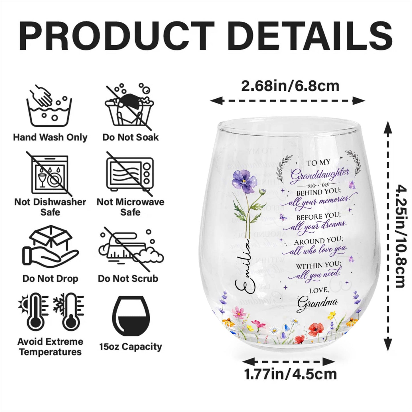 Behind You All Your Memories, Custom Name Gift from Grandma - Personalized Stemless Wine Glass - GDT806_WIGL