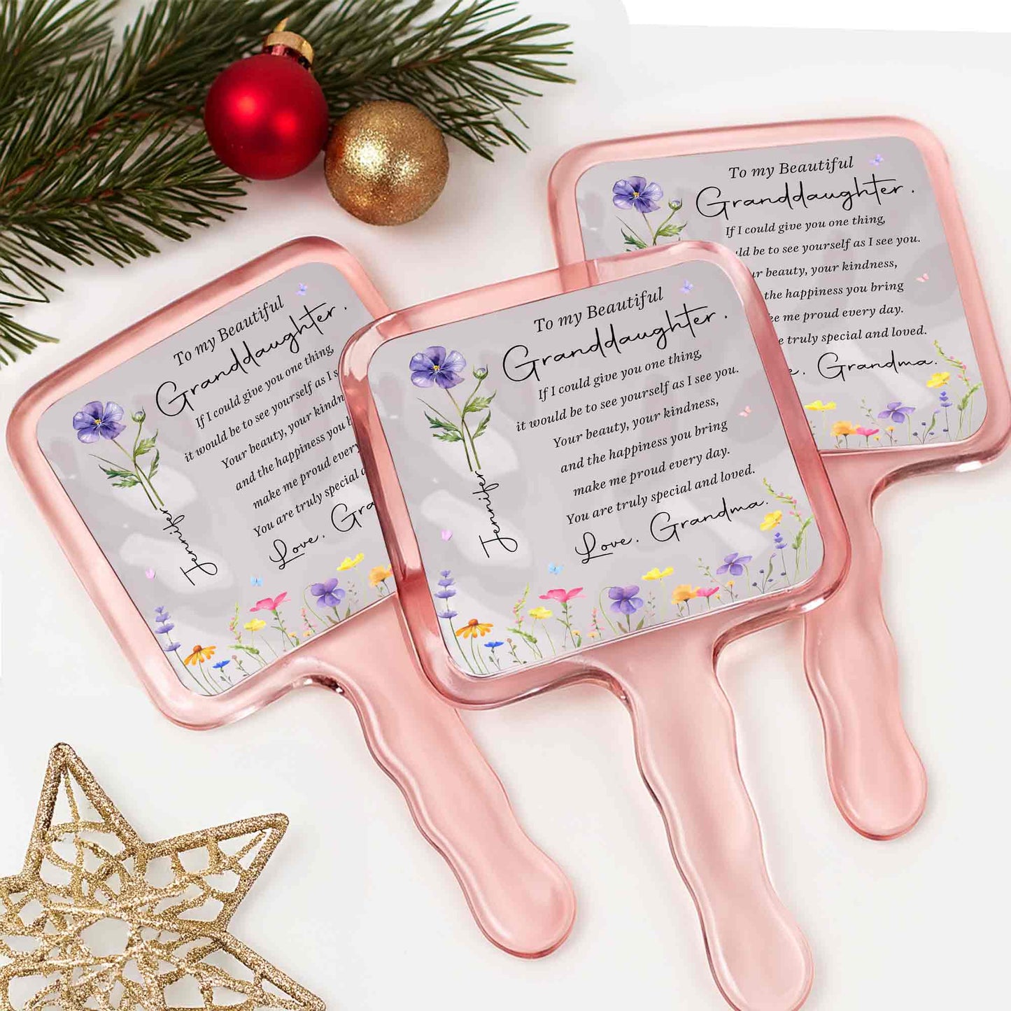 To My Beautiful Granddaughter Special And Loved With Birth Flowers - Personalized Handheld Mirror - GDT808_HMIR