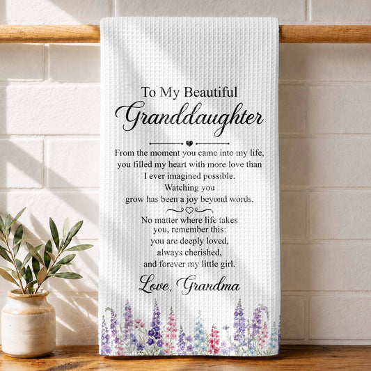 To My Beautiful Granddaughter Always Cherished With Purple Flowers - Personalized Kitchen Towel - GDT837_TOWL
