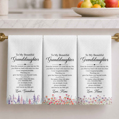To My Beautiful Granddaughter Always Cherished With Purple Flowers - Personalized Kitchen Towel - GDT837_TOWL