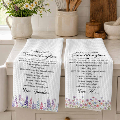 To My Beautiful Granddaughter Always Cherished With Purple Flowers - Personalized Kitchen Towel - GDT837_TOWL