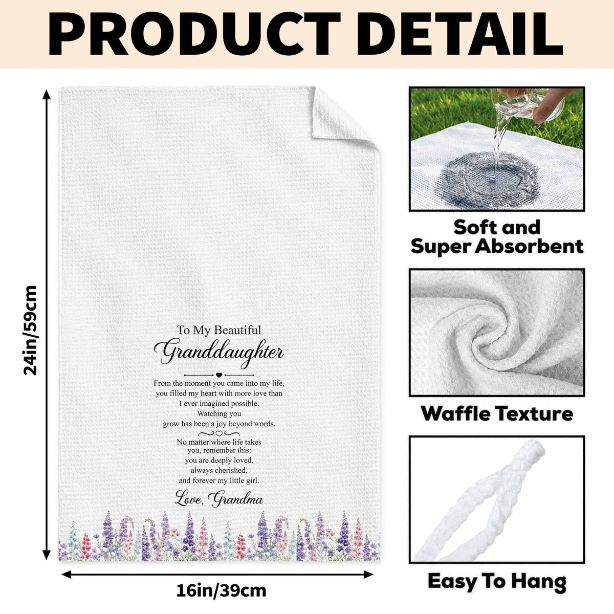 To My Beautiful Granddaughter Always Cherished With Purple Flowers - Personalized Kitchen Towel - GDT837_TOWL