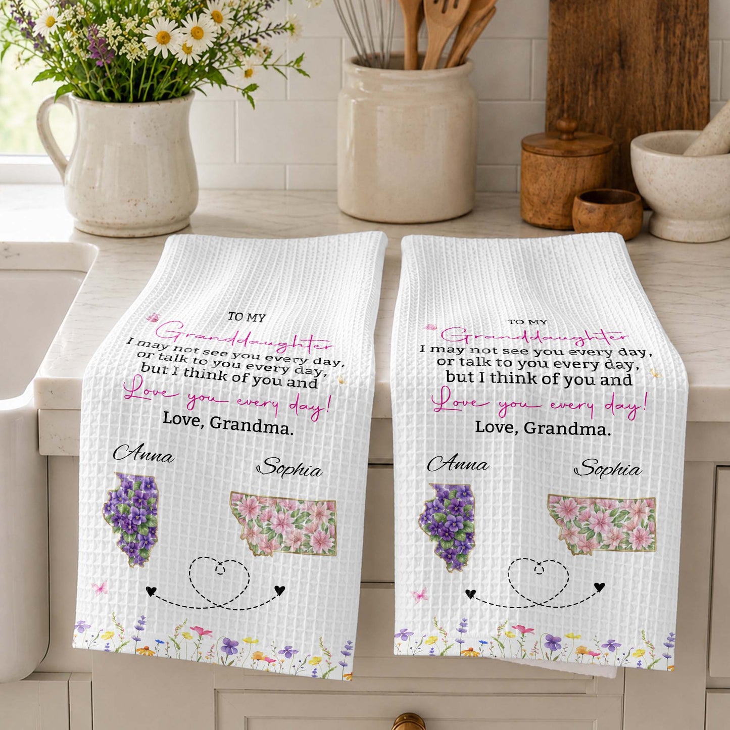 To My Granddaughter Love You Everyday With Floral State Art - Personalized Kitchen Towel - GDT868_TOWL