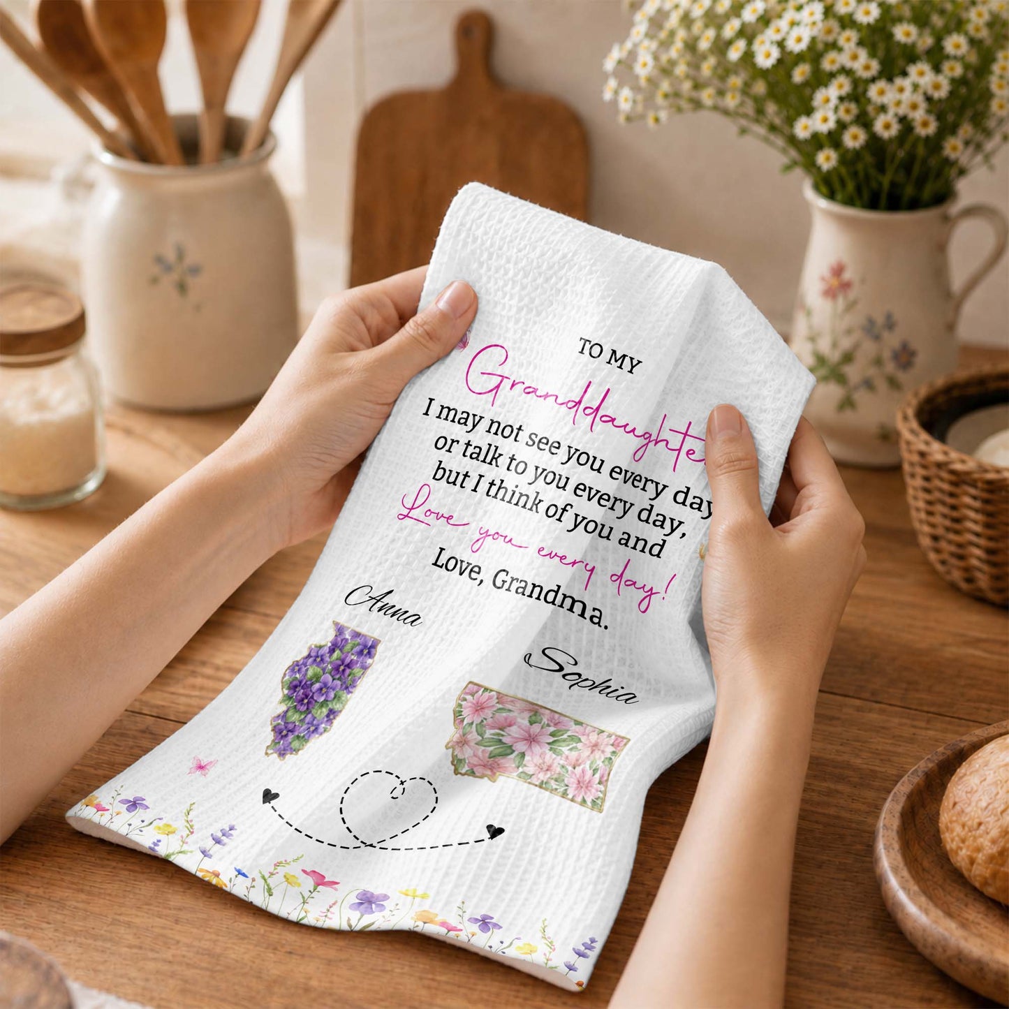 To My Granddaughter Love You Everyday With Floral State Art - Personalized Kitchen Towel - GDT868_TOWL