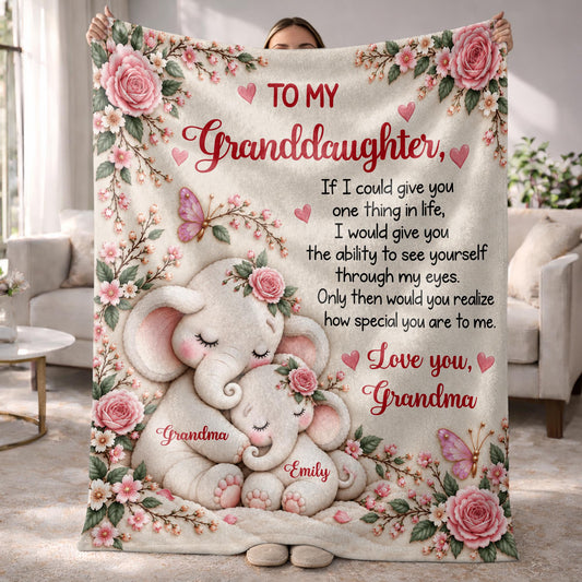 To My Granddaughter If I Could Give You One Thing Elephant Flowers - Personalized Custom Blanket - GDT974_BLK