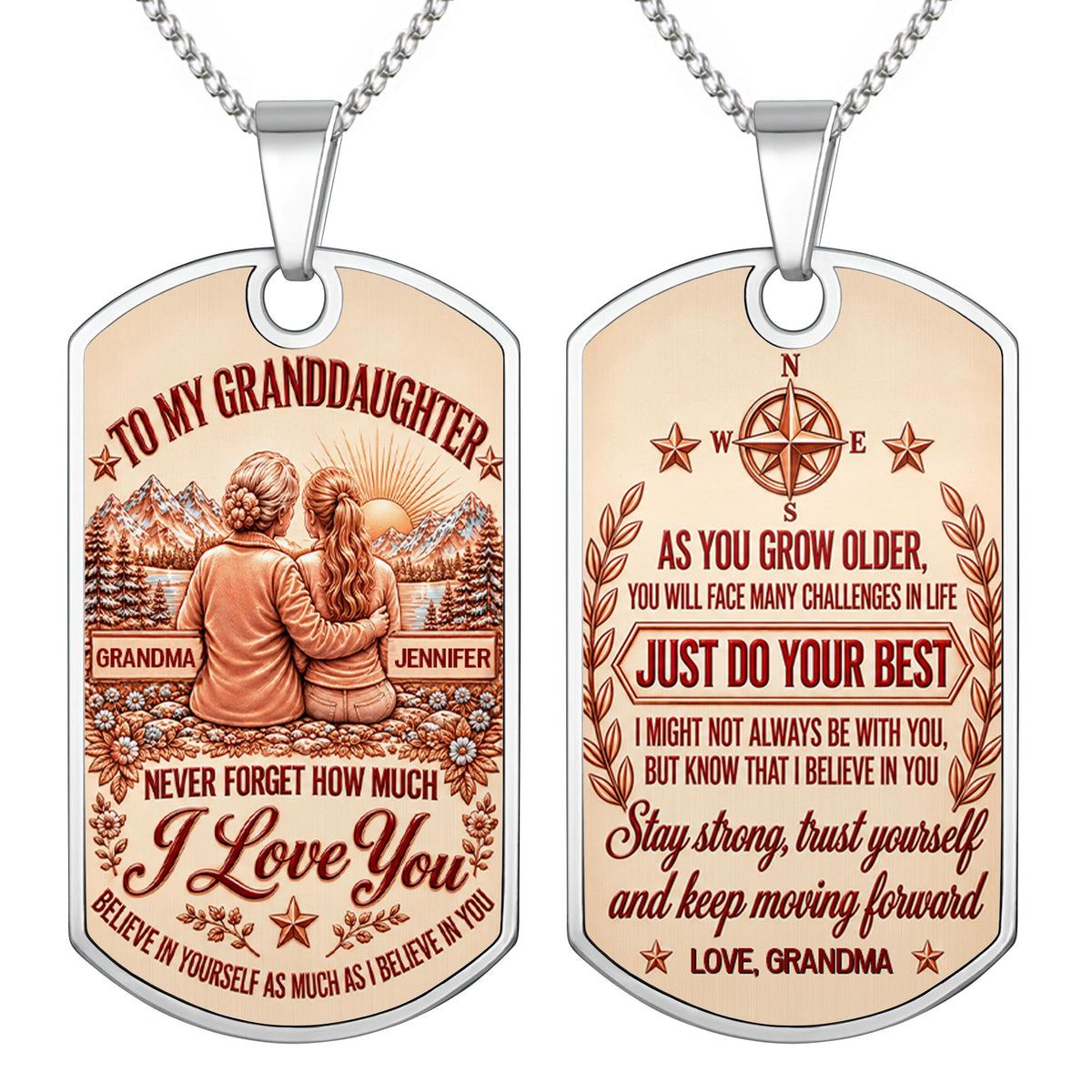 To My Granddaughter Never Forget How Much I Love You Compass And Mountains - Personalized Custom Dog Tag Necklace - GDT979_DTNECK