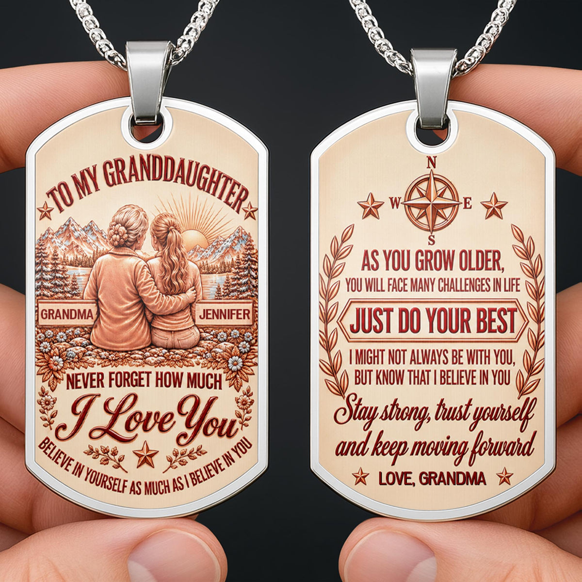 To My Granddaughter Never Forget How Much I Love You Compass And Mountains - Personalized Custom Dog Tag Necklace - GDT979_DTNECK
