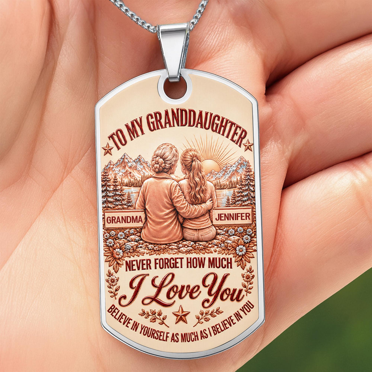 To My Granddaughter Never Forget How Much I Love You Compass And Mountains - Personalized Custom Dog Tag Necklace - GDT979_DTNECK