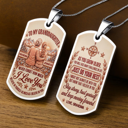 To My Granddaughter Never Forget How Much I Love You Compass And Mountains - Personalized Custom Dog Tag Necklace - GDT979_DTNECK