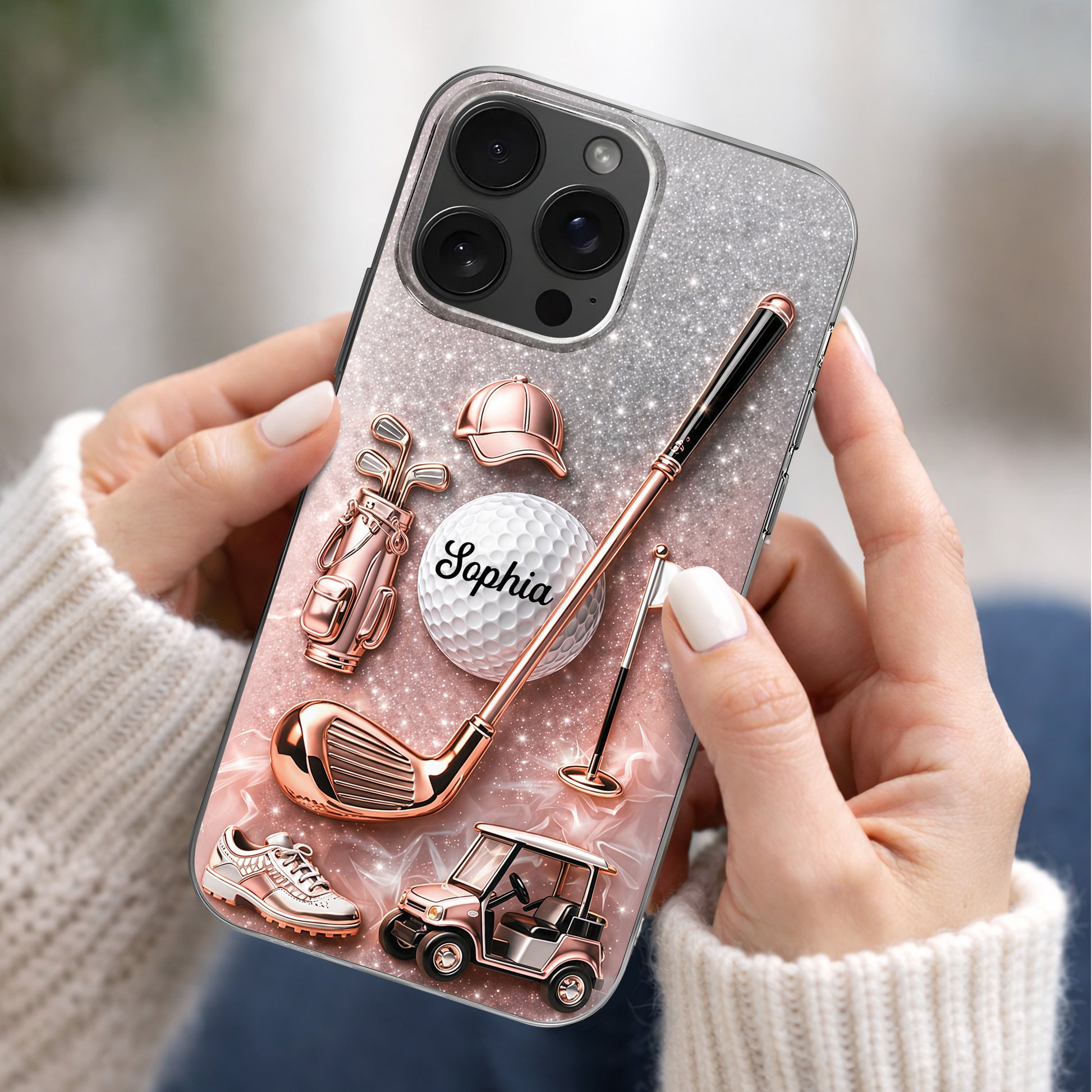 Swinging Into Greatness Golf Ball Club And Rose Gold Glitter