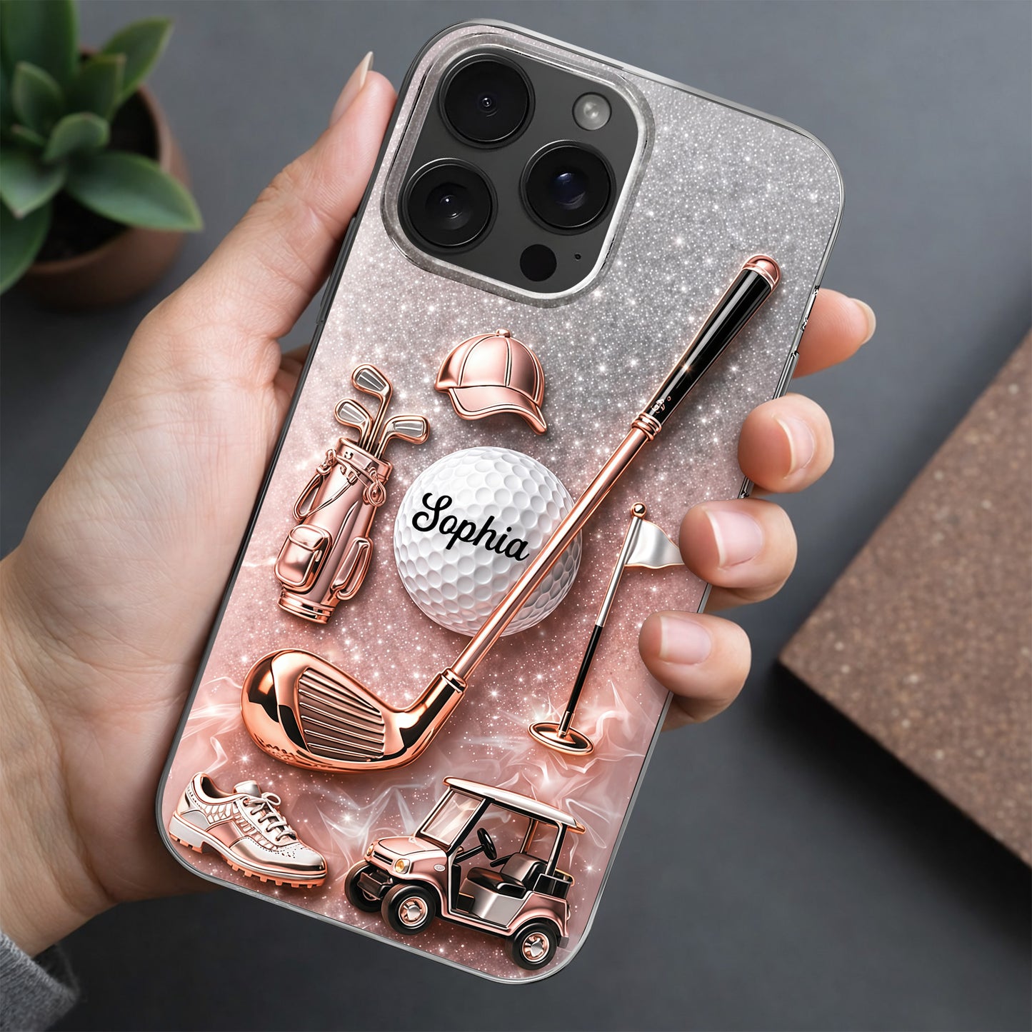 Swinging Into Greatness Golf Ball Club And Rose Gold Glitter