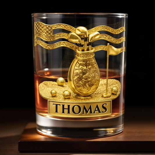 American Golf Legend With Golf Bag And Clubs - Personalized Custom Whiskey Glass - GOLF020_RWG