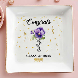 Congrats Personalized Pansy Flower Design Jewelry Dish