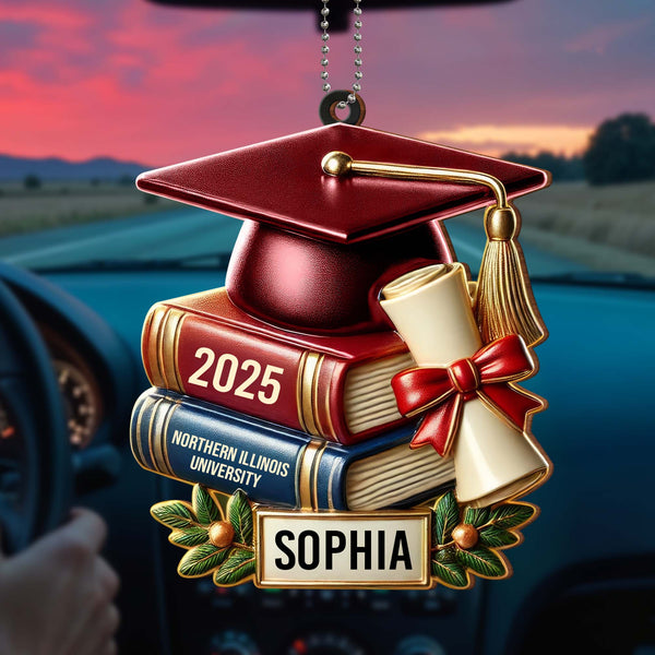 Celebrate Your Achievement, Graduation Cap and Books - Personalized Custom Wood Ornament, Car Hanging Ornament - GRAD037_WCA