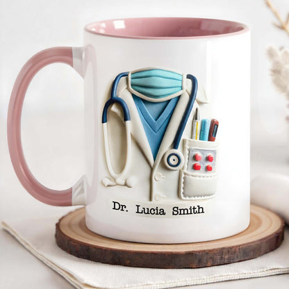 Custom Medical Themed Mug, Stethoscope, Lab Coat, And Medical Mask