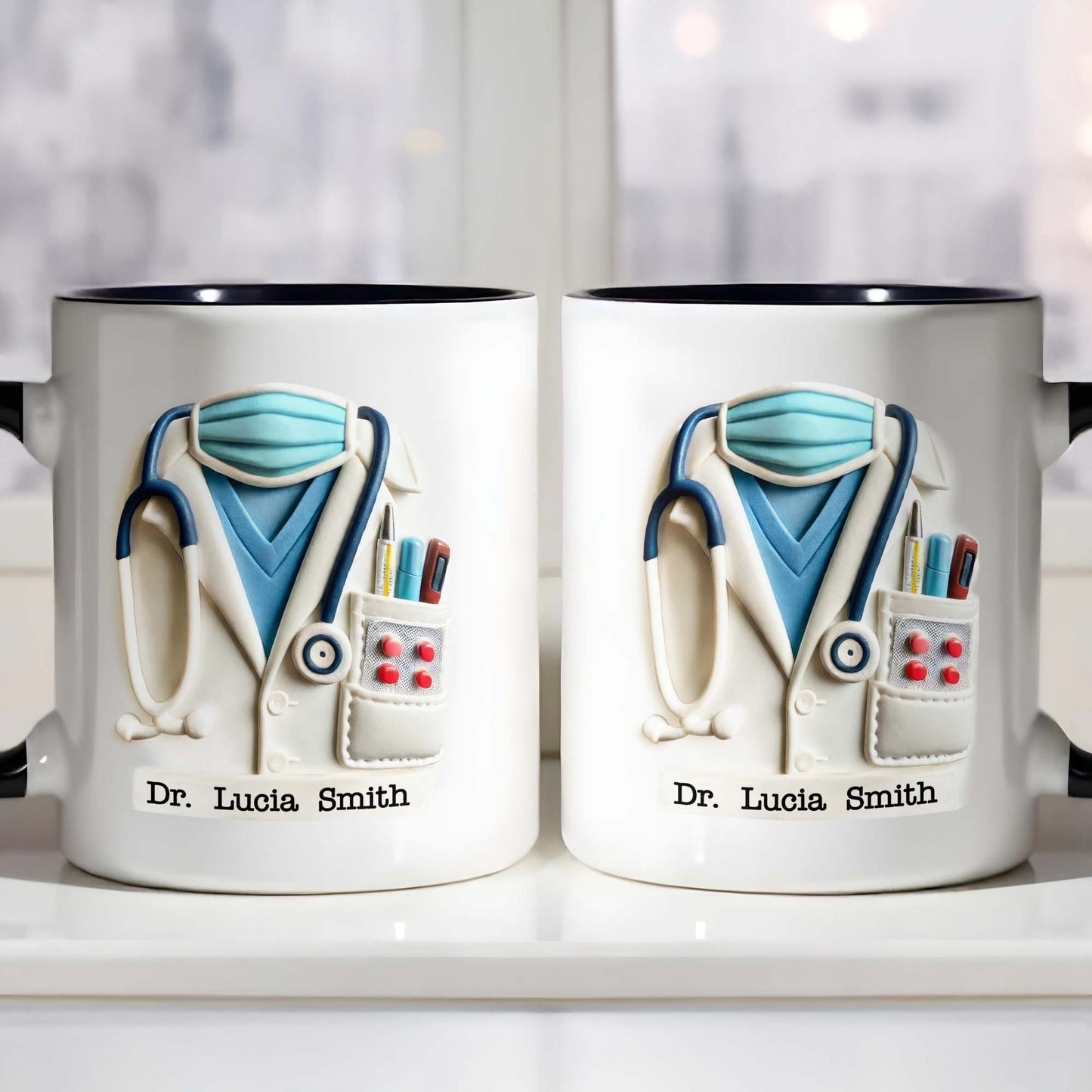 Custom Medical Themed Mug, Stethoscope, Lab Coat, And Medical Mask