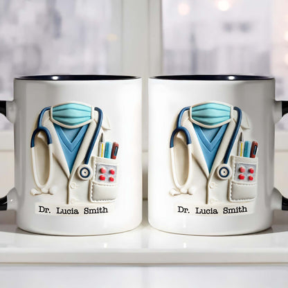 Custom Medical Themed Mug, Stethoscope, Lab Coat, And Medical Mask