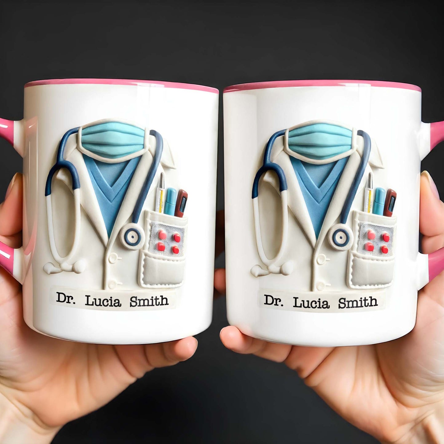 Custom Medical Themed Mug, Stethoscope, Lab Coat, And Medical Mask