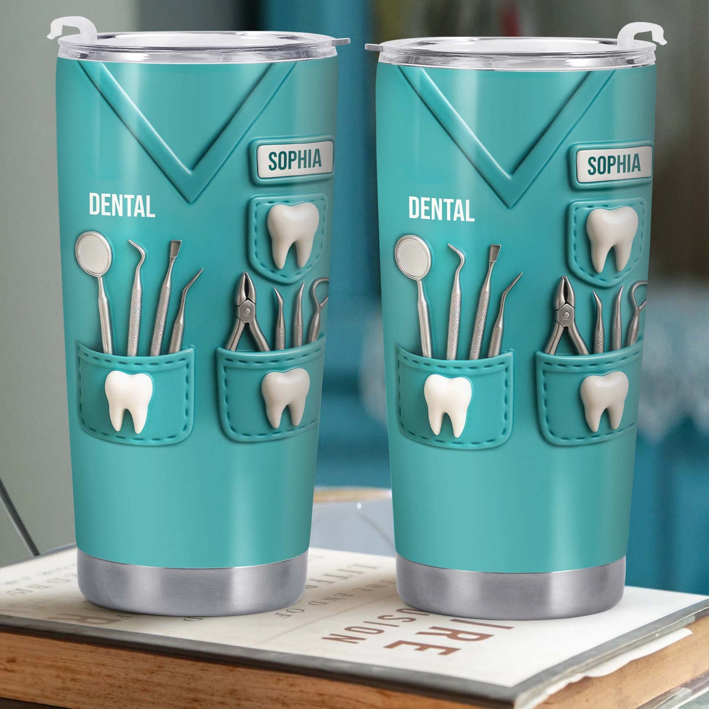 Dental Profession Themed Tumbler With Tools And Teeth