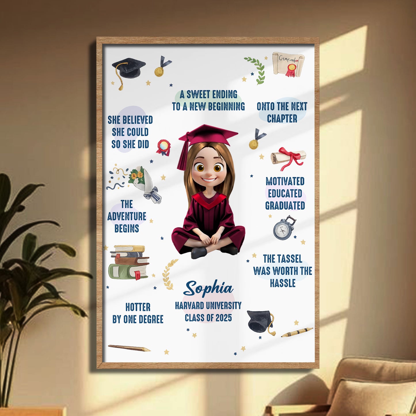 She Believed She Could, Graduation Cap And Books - Personalized Custom Vertical Poster - GRAD325_VPOS