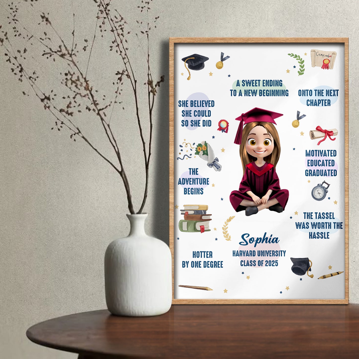 She Believed She Could, Graduation Cap And Books - Personalized Custom Vertical Poster - GRAD325_VPOS