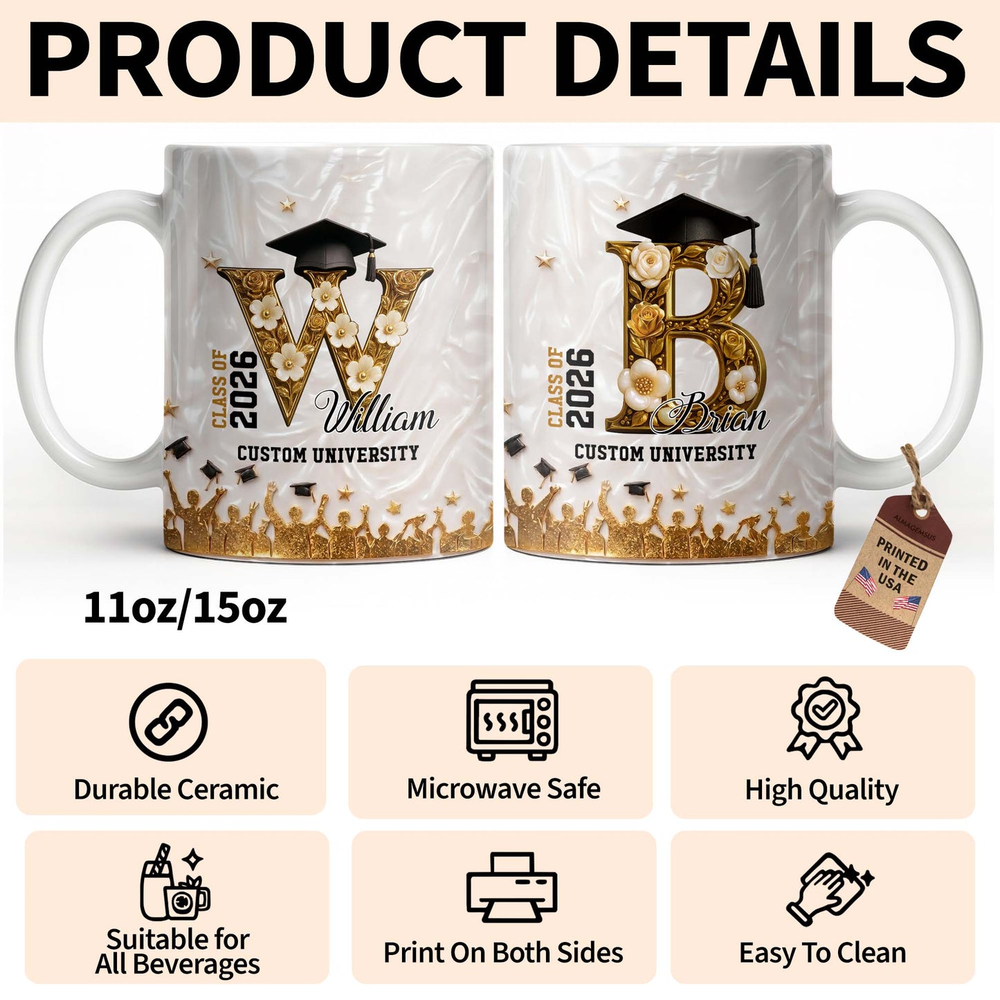 Class Of Graduate Initial Name Graduation Cap And Flowers - Personalized Custom Coffee Mug - GRAD346_MG