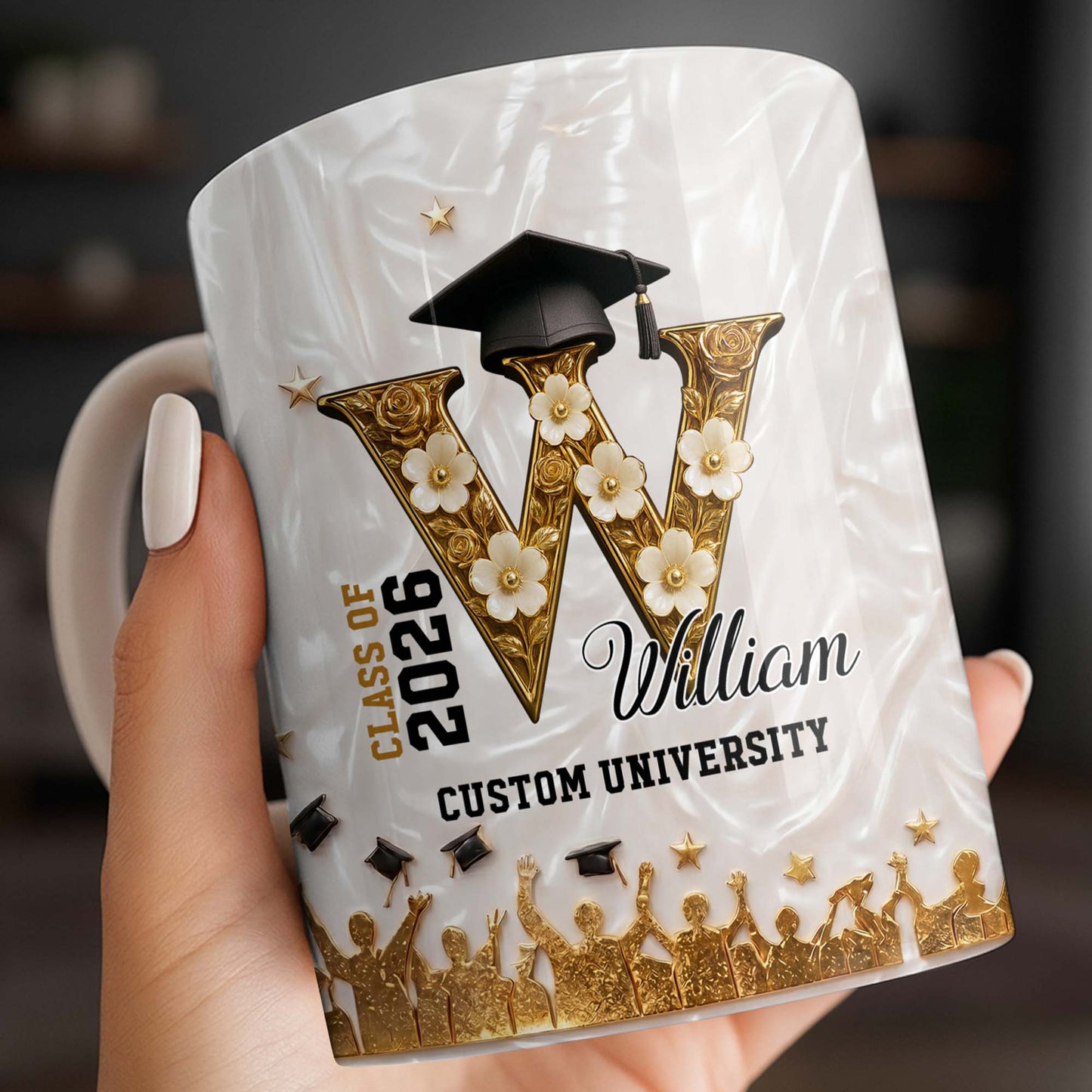 Class Of Graduate Initial Name Graduation Cap And Flowers - Personalized Custom Coffee Mug - GRAD346_MG