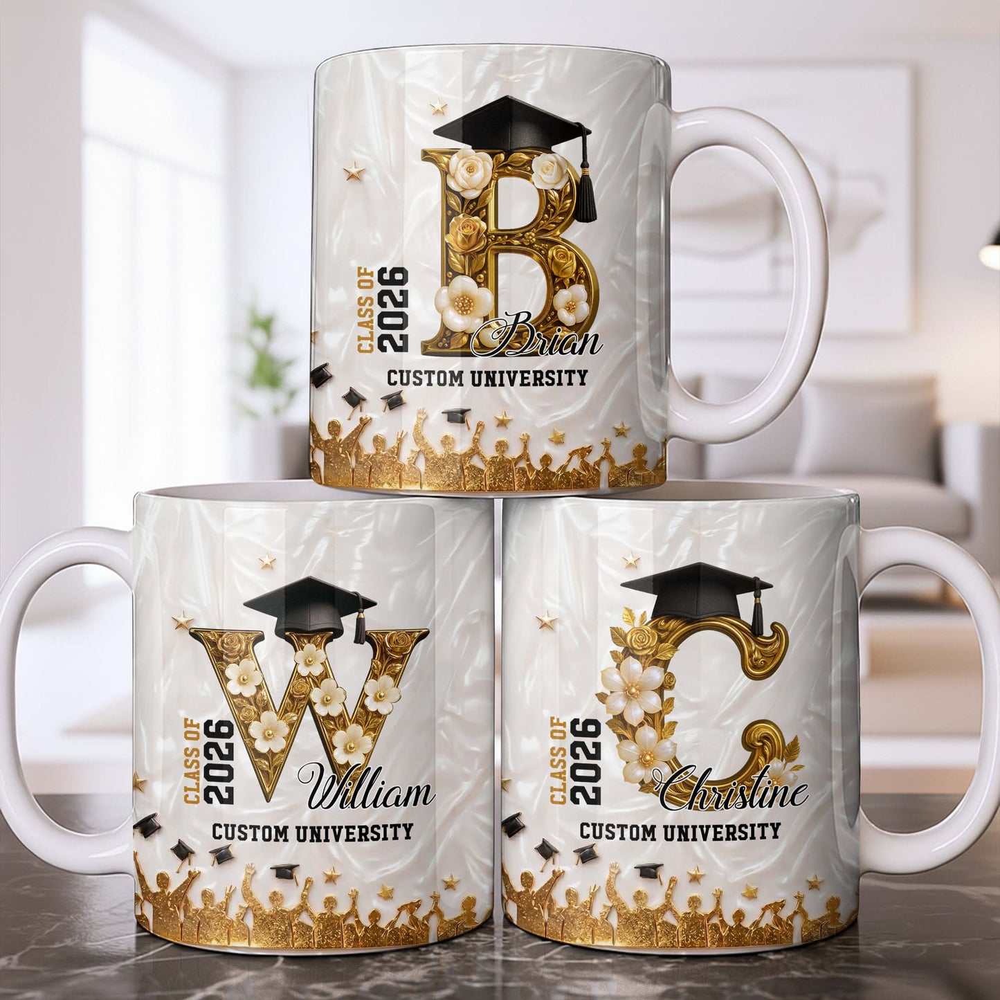Class Of Graduate Initial Name Graduation Cap And Flowers - Personalized Custom Coffee Mug - GRAD346_MG