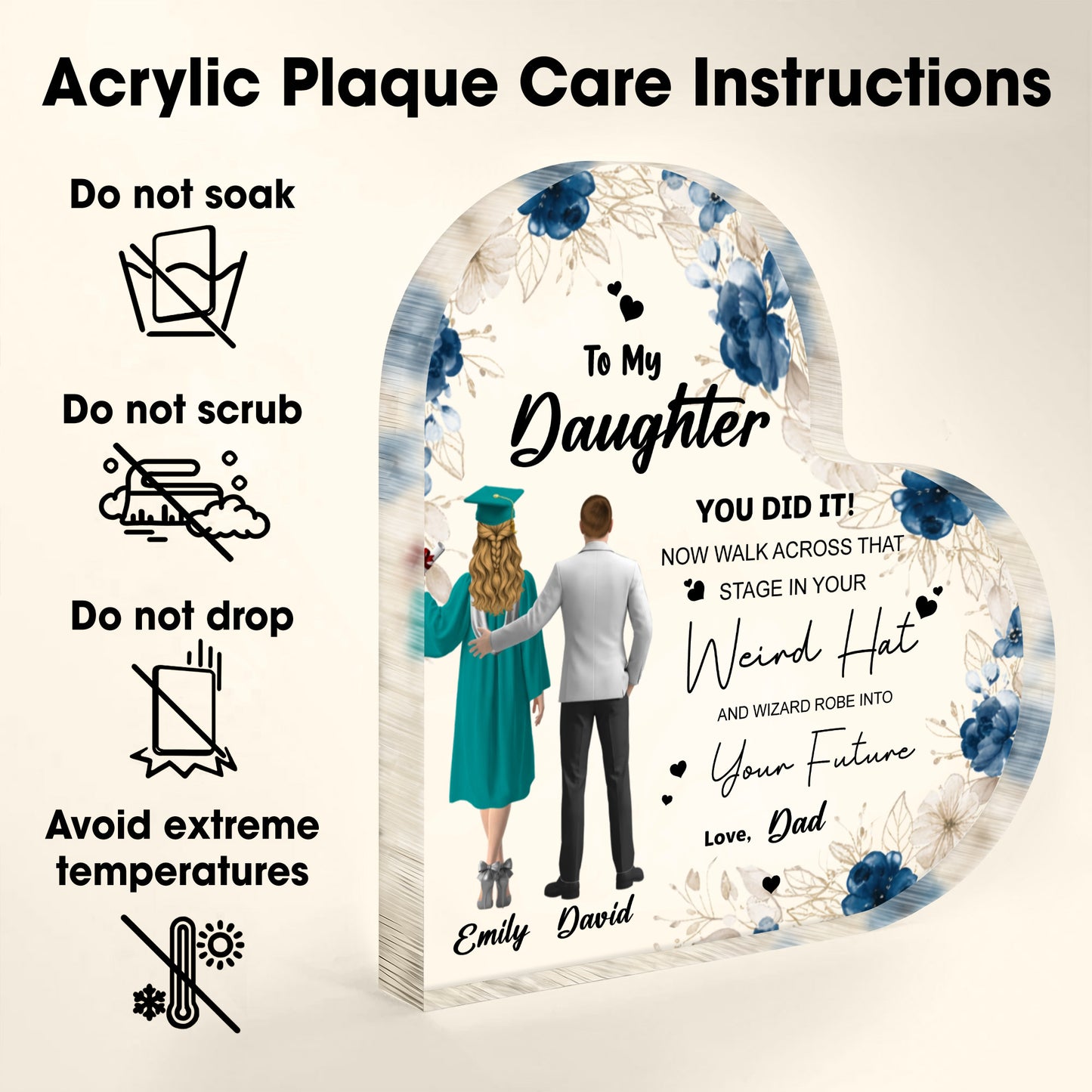 To My Daughter You Did It, Graduation Cap With Floral Design - Personalized Heart Shaped Acrylic Plaque - GRAD347_HAP