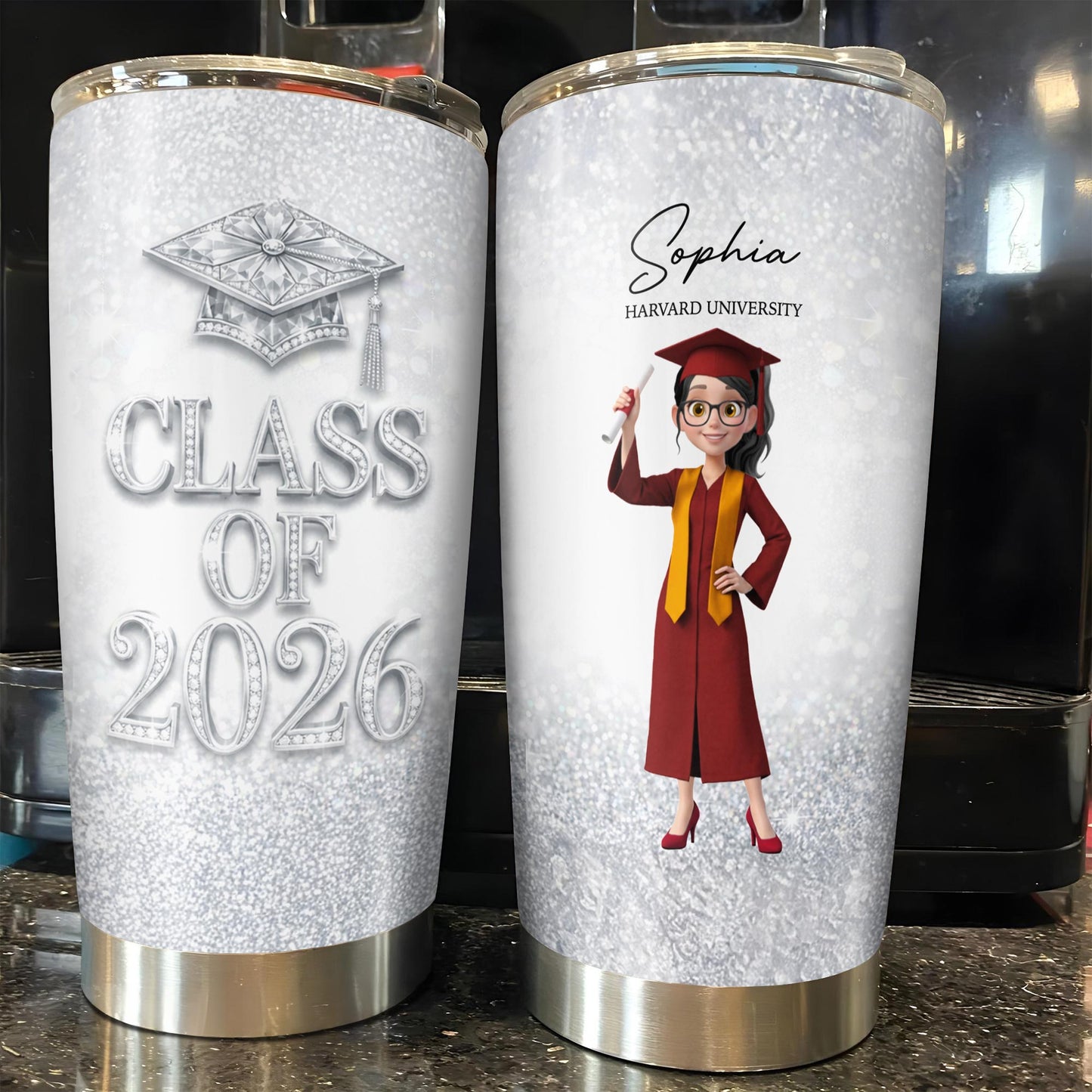 Class Of Graduation Cap And Graduate Girl Glitter Design