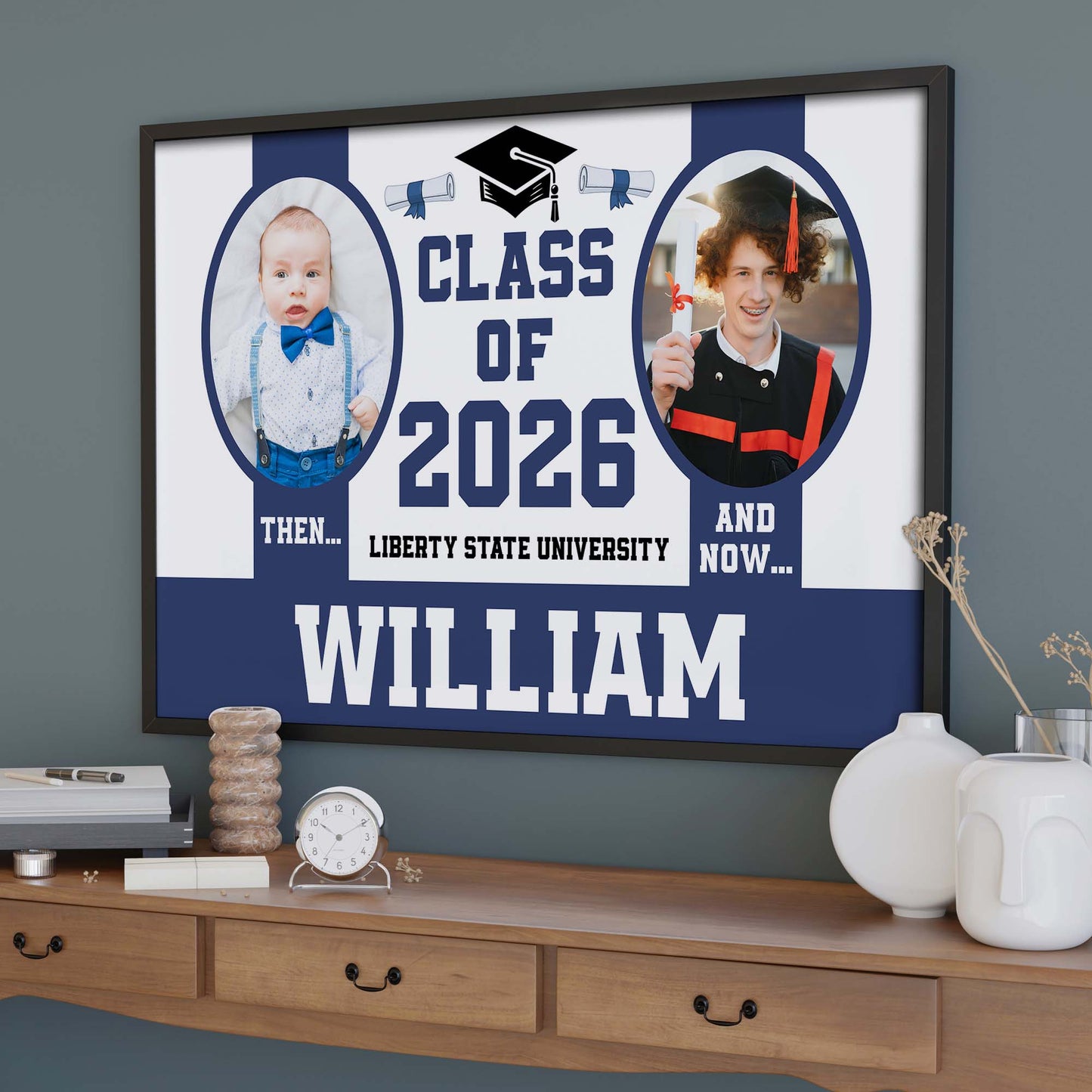 Class Of Then And Now University Graduation Cap And Diploma - Personalized Custom Horizontal Poster - GRAD367_HPOS