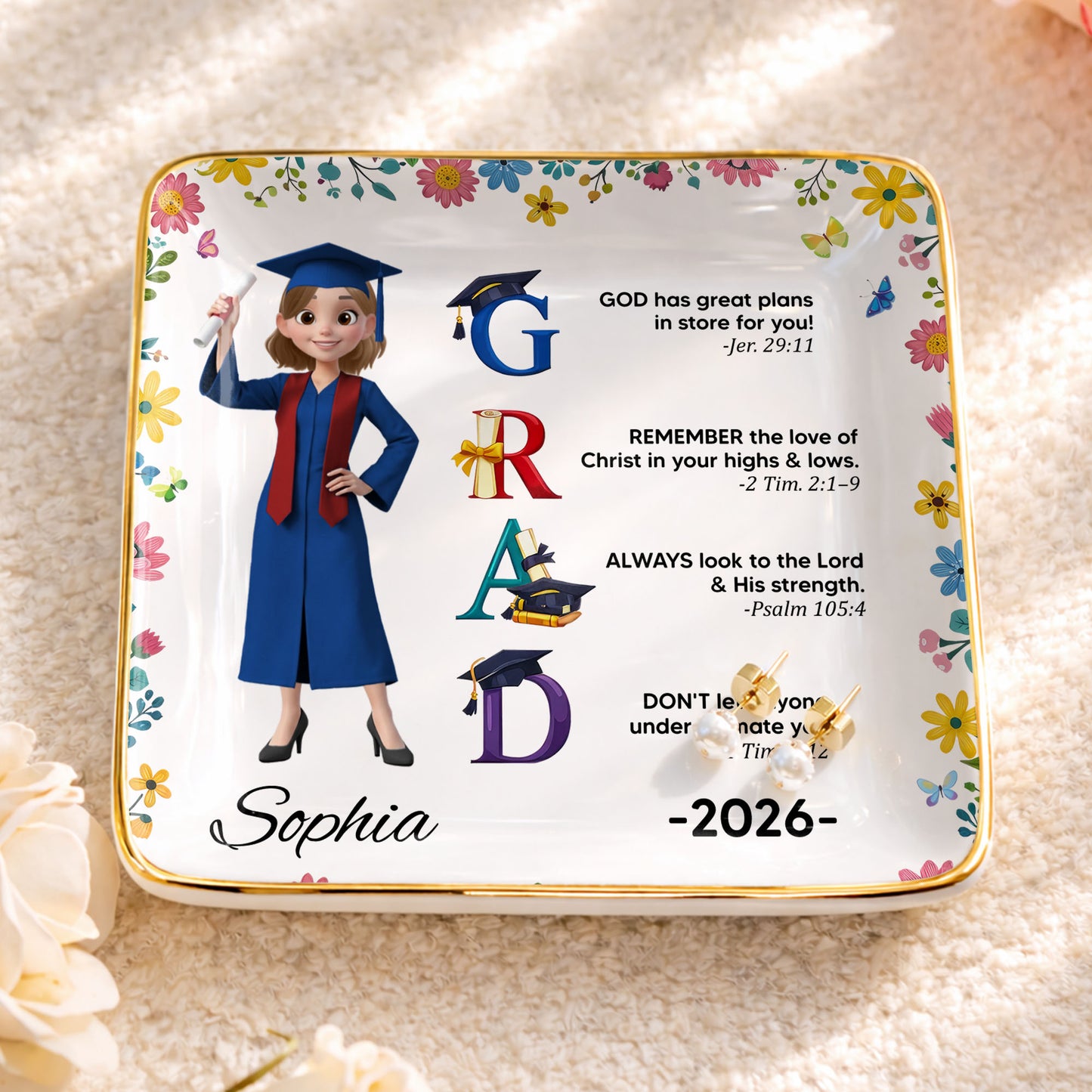 God Has Great Plans Graduation Girl Flowers and Bible Verses - Personalized Custom Jewelry Dish, Ceramic Dish, Square Shape - GRAD374_SCRF