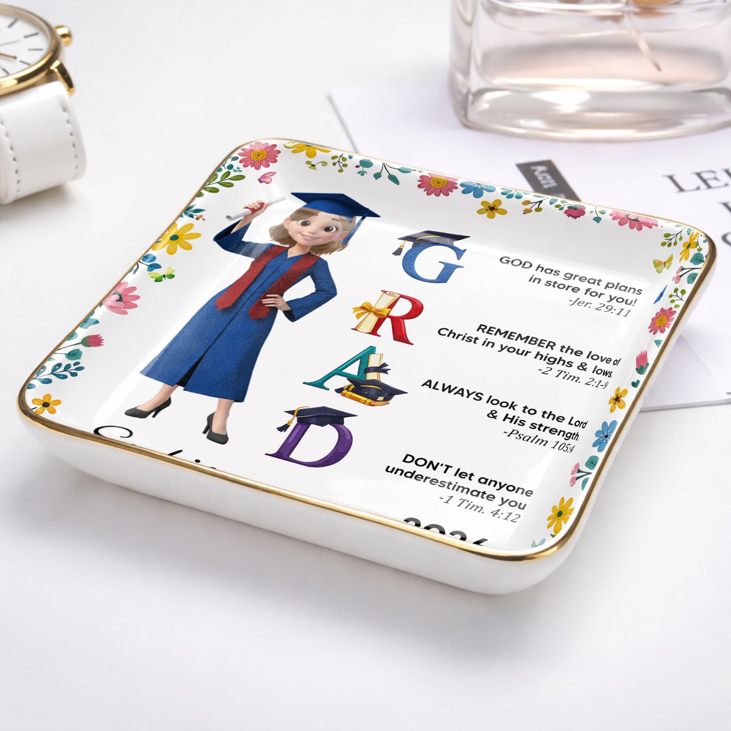 God Has Great Plans Graduation Girl Flowers and Bible Verses - Personalized Custom Jewelry Dish, Ceramic Dish, Square Shape - GRAD374_SCRF