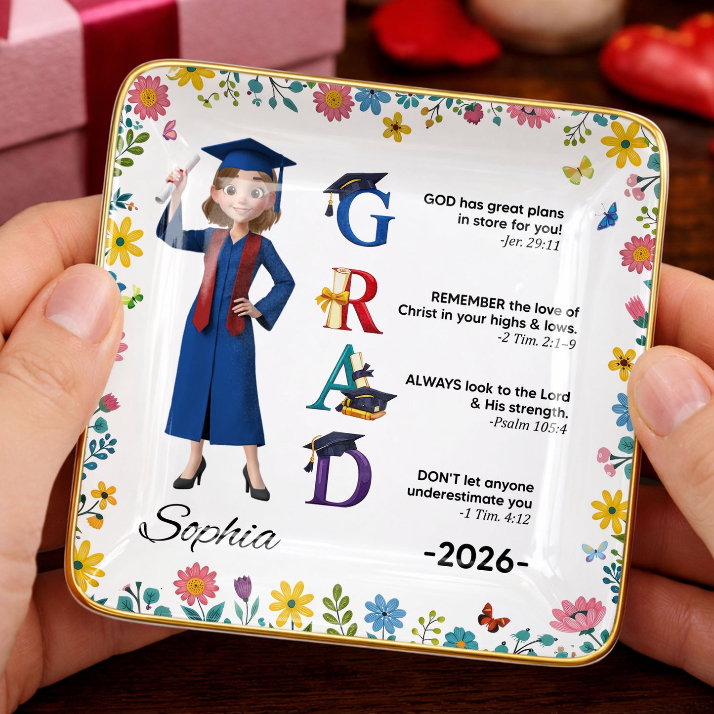 God Has Great Plans Graduation Girl Flowers and Bible Verses - Personalized Custom Jewelry Dish, Ceramic Dish, Square Shape - GRAD374_SCRF