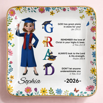 God Has Great Plans Graduation Girl Flowers and Bible Verses - Personalized Custom Jewelry Dish, Ceramic Dish, Square Shape - GRAD374_SCRF