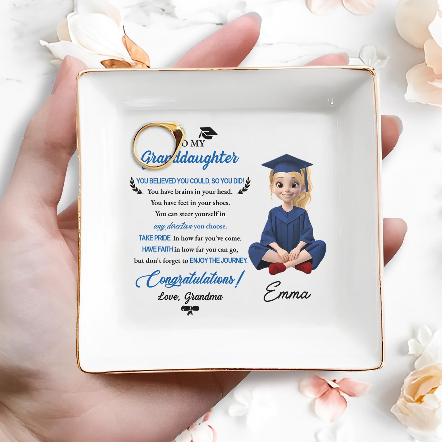 To My Granddaughter You Believed You Could Graduation Girl With Cap And Gown - Personalized Custom Jewelry Dish, Square Ceramic Dish - GRAD399_SCRD