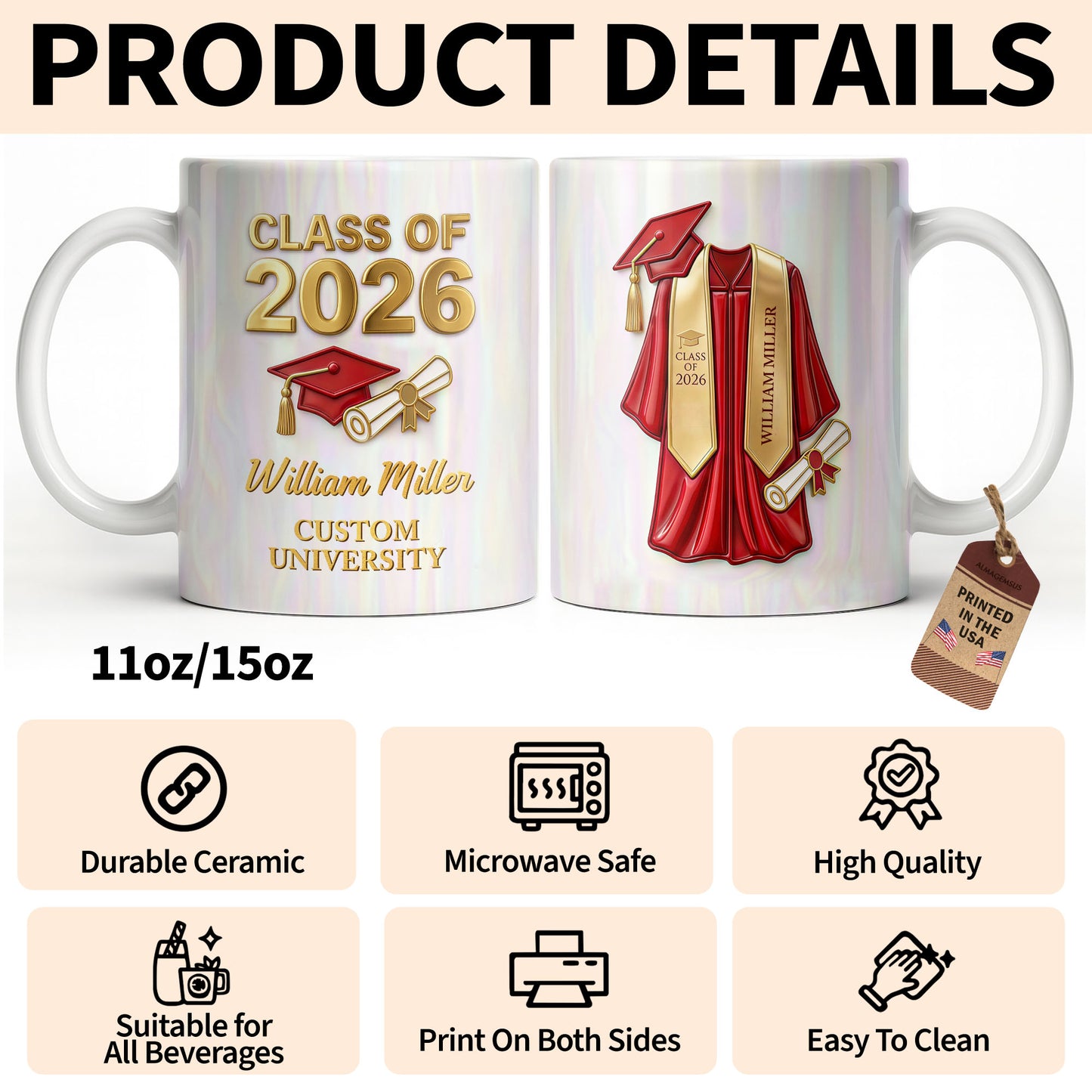 Class Of Graduate University With Cap Diploma And Gown - Personalized Custom Coffee Mug - GRAD412_MG
